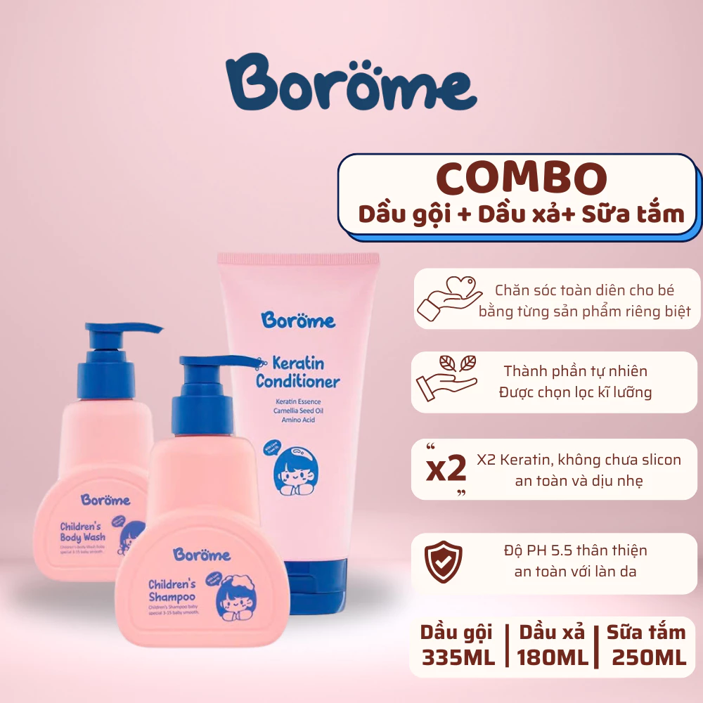 Dầu gội + dầu xả + sữa tắm trẻ em Borome công thức dịu nhẹ, dung tích