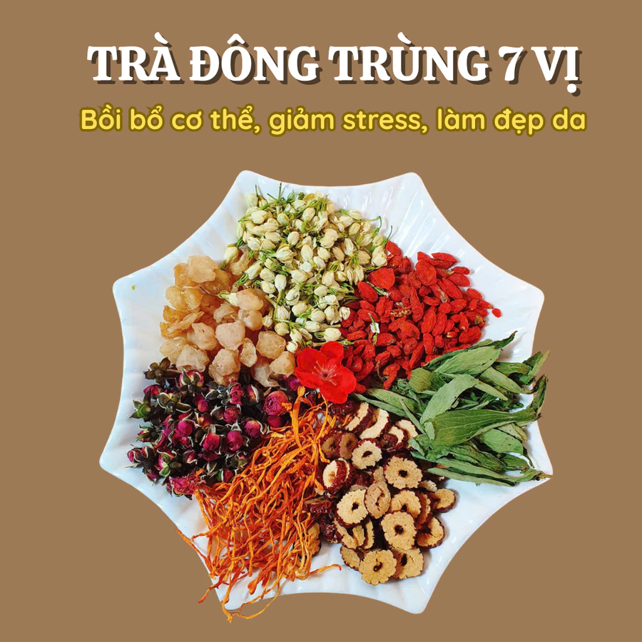 Trà đông trùng 7 vị - Hộp 30 gói TẶNG BÌNH - Bồi bổ cơ thể, giảm stress, lưu thông khí huyết, chăm sóc da, mắt