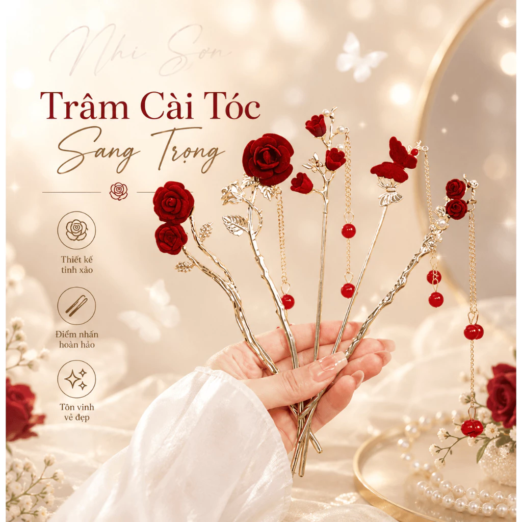 Trâm Cài Tóc Nàng Thơ Vintage Đỏ Vang Bordeaux Quyến Rũ, Cổ Trang, Hiện Đại Phụ Kiện Trang Trí Áo Dài Áo Bà Ba 2026